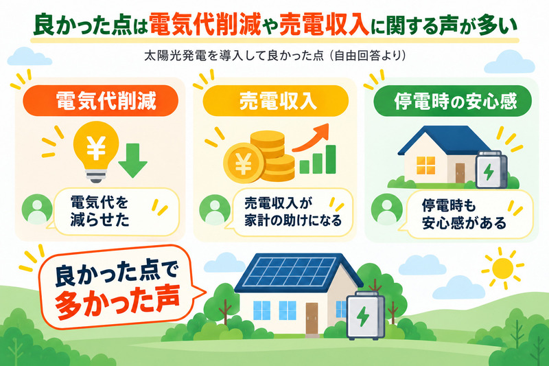 良かった点は電気代削減や売電収入に関する声が多い