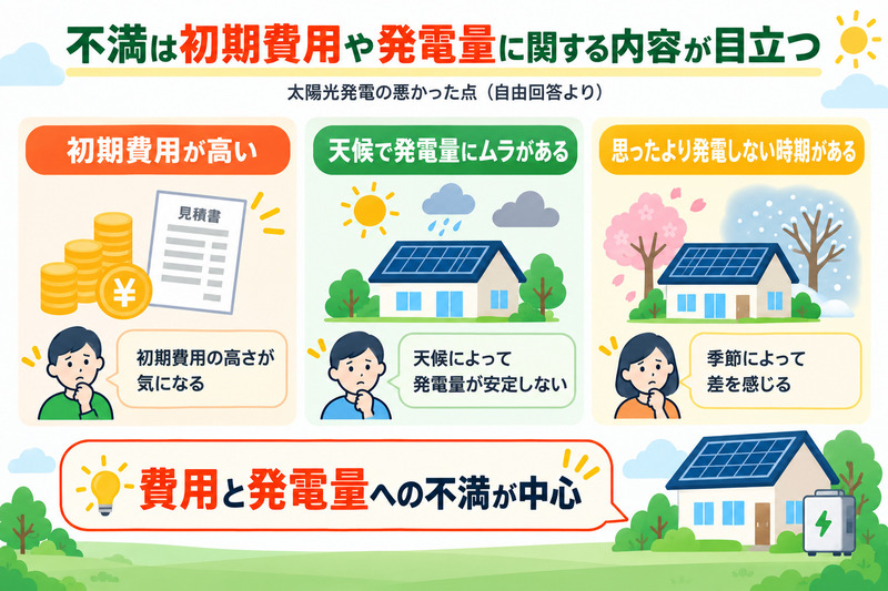 不満は初期費用や発電量に関する内容が目立つ